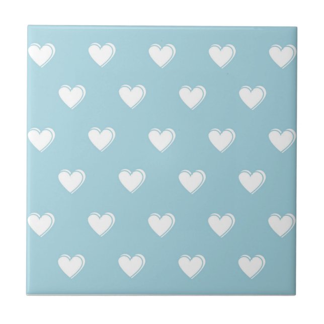 Blue White Cute Simple Heart Pattern Tile (Front)