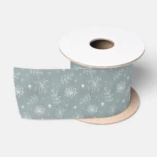 Blue & White Daisies Hand Drawn Satin Ribbon