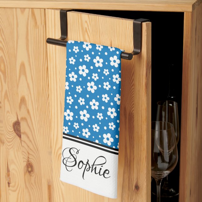 Blue & White Daisies Personalised  Tea Towel (Thirds Fold)