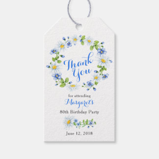 Blue White Daisy Floral 80th Birthday Thank You Gift Tags