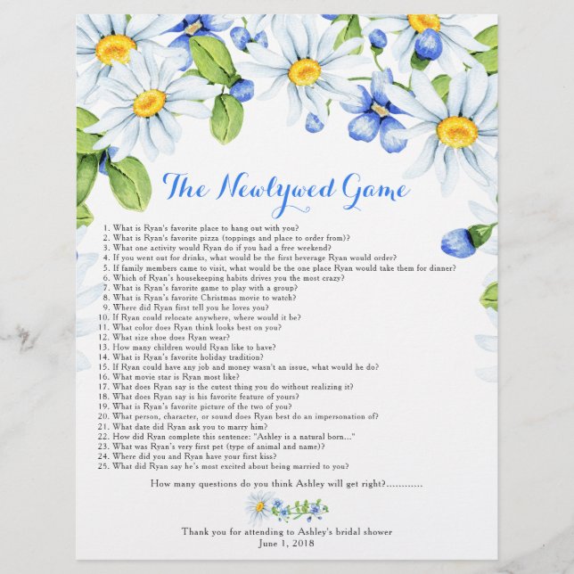 Blue White Daisy Floral Bridal Shower Games Flyer (Front)