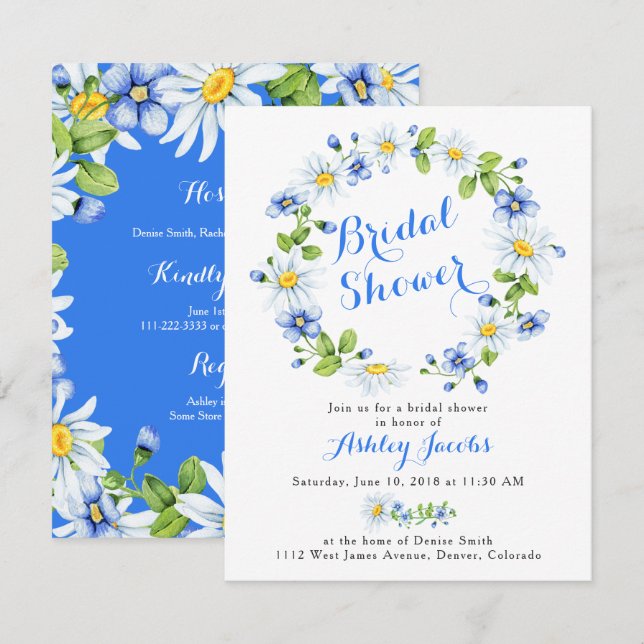 Blue White Daisy Floral Bridal Shower Invitation (Front/Back)