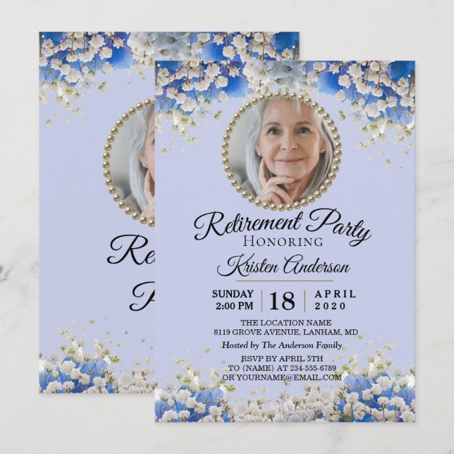 Blue White Daisy Floral Retirement Party Invitation (Front/Back)