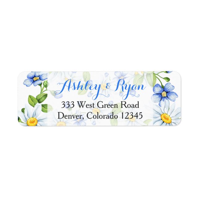 Blue White Daisy Floral Wedding Address Labels (Front)