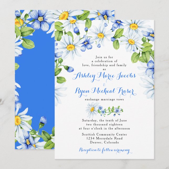 Blue White Daisy Floral Wedding Invitation (Front/Back)