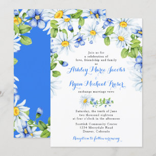 Blue White Daisy Floral Wedding Invitation