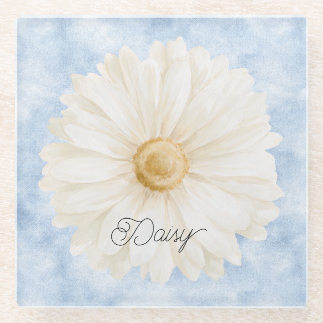 Blue White Daisy Flower Glass Coaster (Front)