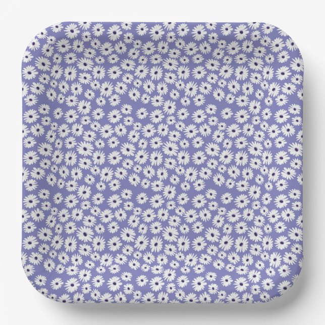 Blue white daisy flower pattern paper plate (Front)