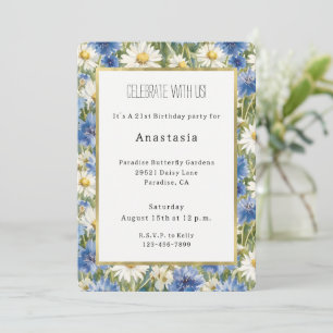 Blue White Daisy Flowers Birthday Invitation