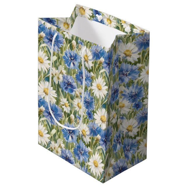 Blue White Daisy Flowers Birthday Medium Gift Bag (Front Angled)