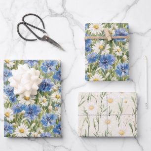Blue White Daisy Flowers Birthday Wrapping Paper Sheet