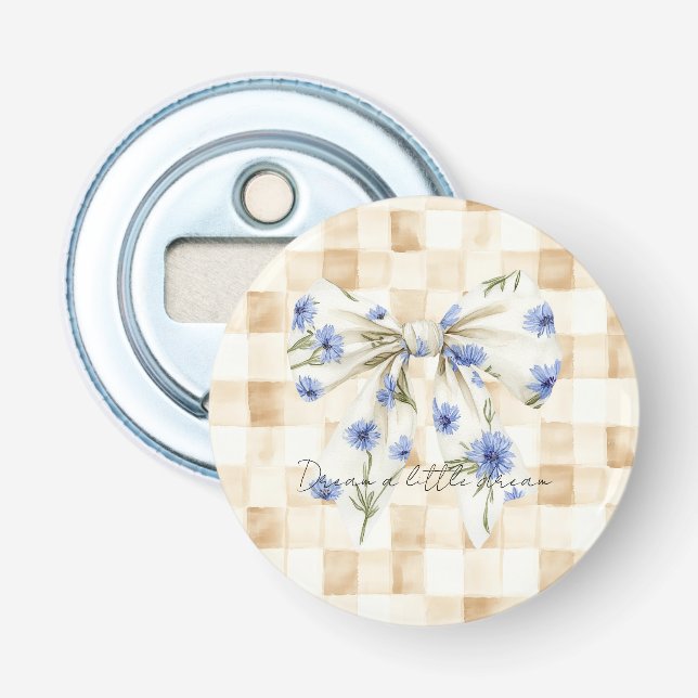 Blue White Daisy Flowers Bow Bottle Opener (Front)