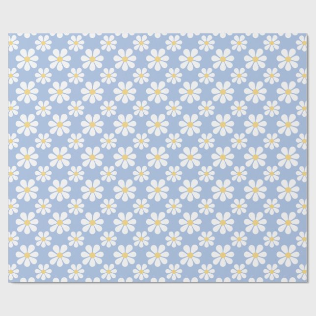 Blue White Daisy Pattern  Wrapping Paper (Flat)