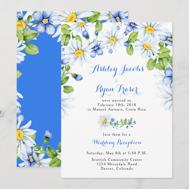 Blue White Daisy Post Wedding Reception Only Invitation (Front/Back)