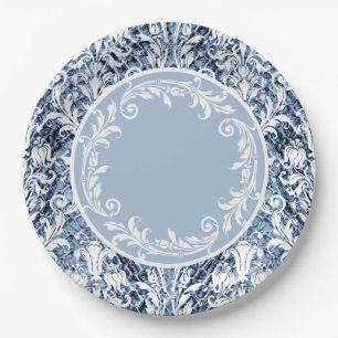 Blue White Damask Floral Swirls Personalize Paper Plate