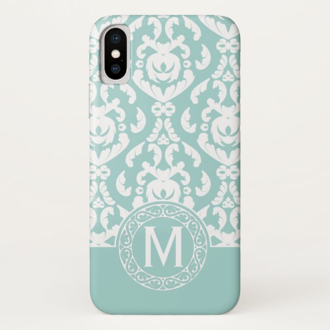 Blue White Damask Monogram Case-Mate iPhone Case (Back)