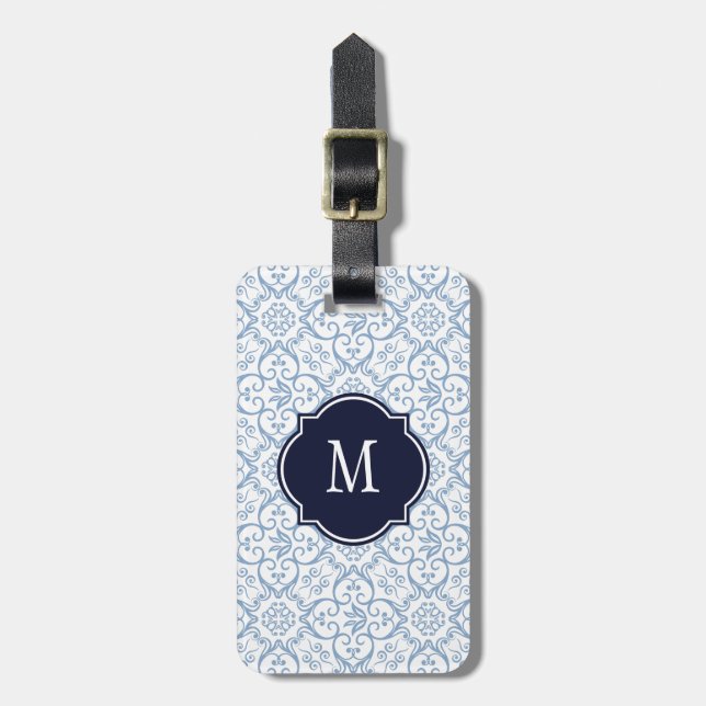 Blue & White Damask Monogram Luggage Tag (Front Vertical)