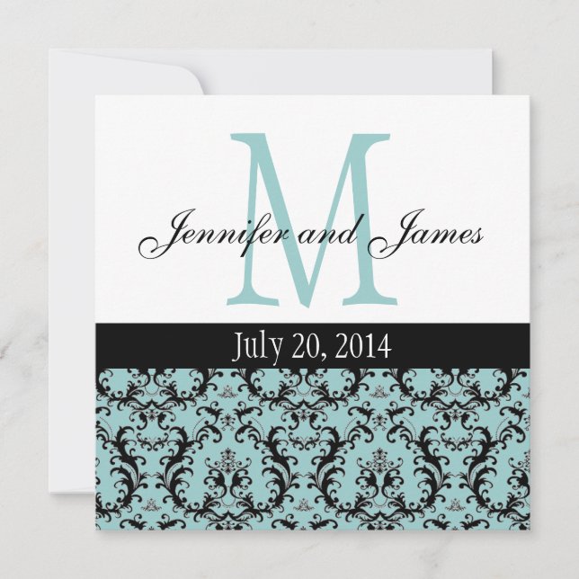 Blue White Damask Monogram Wedding Invitation (Front)