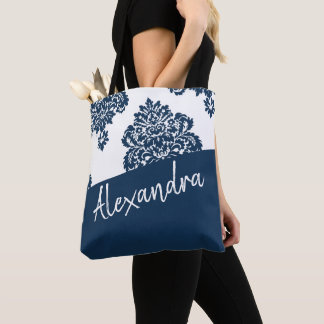 Blue White Damask Pattern Modern Personalised Tote Bag