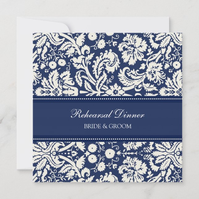 Blue White Damask Rehearsal Dinner Party Invitation (Front)