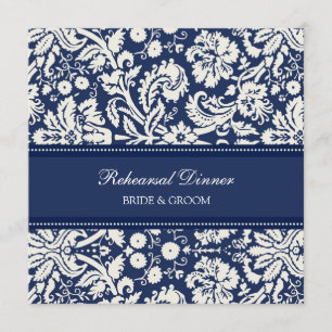 Blue White Damask Rehearsal Dinner Party Invitation