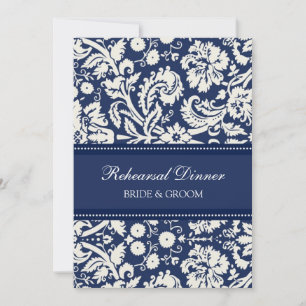 Blue White Damask Rehearsal Dinner Party Invitation