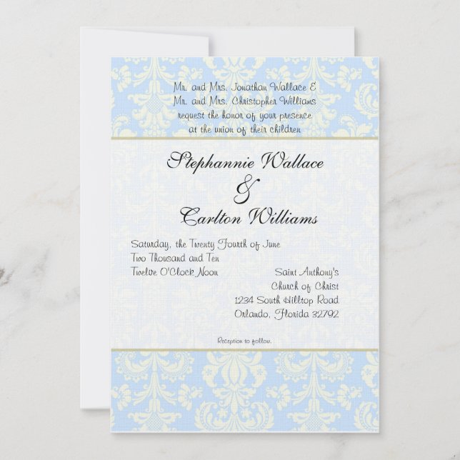 Blue/White Damask Wedding Invitation (Front)