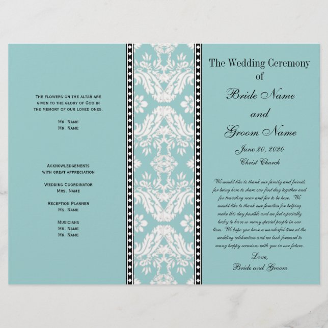 Blue  White Damask Wedding Program (Front)