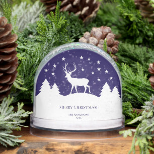 Blue White Deer Christmas Family Photo Pine Trees Snowglobe