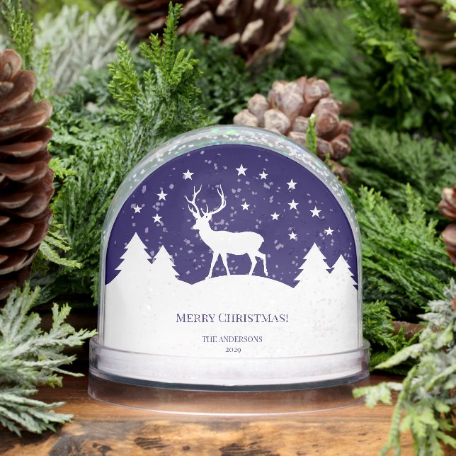 Blue White Deer Christmas Family Photo Pine Trees Snowglobe (Winter)