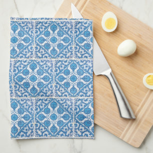 Blue White Delft Cornflower Faux Tile Pattern Tea Towel