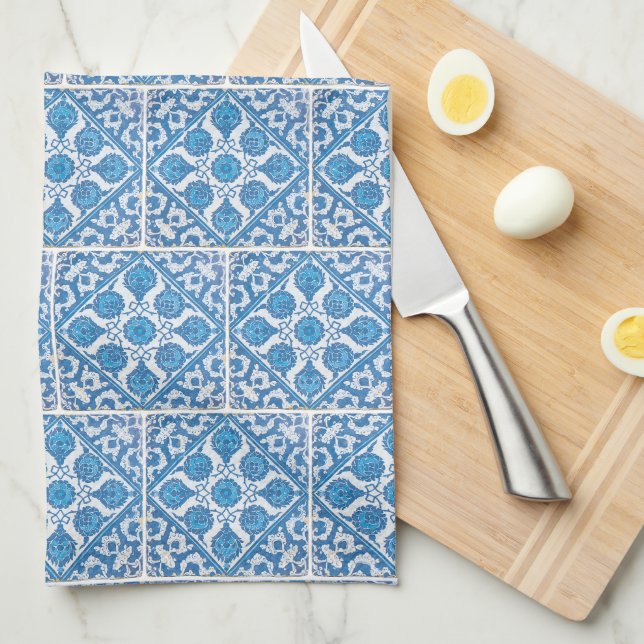 Blue White Delft Cornflower Faux Tile Pattern Tea Towel (Quarter Fold)