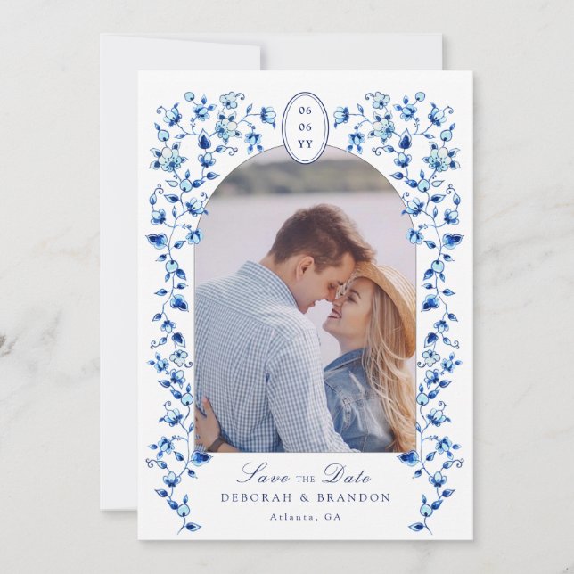 Blue & white Delft Photo Save the Date Invitation (Front)