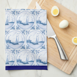 Blue White Delft Sailboat Pattern Blue Border Tea Towel