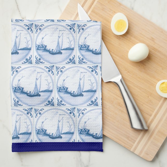 Blue White Delft Sailboat Pattern Blue Border Tea Towel (Quarter Fold)