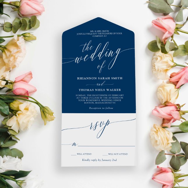 Blue White Delicate Calligraphy Wedding All In One Invitation (Creator Uploaded)