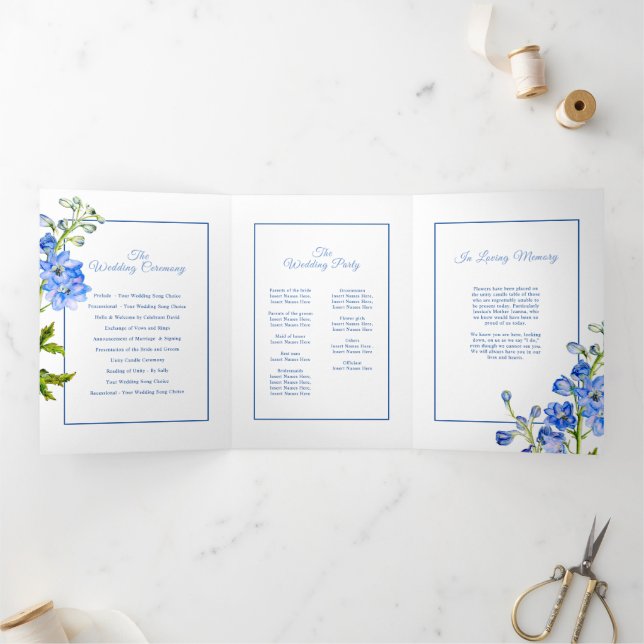Blue white delphinium flowers watercolor wedding  Tri-Fold programme (Inside)