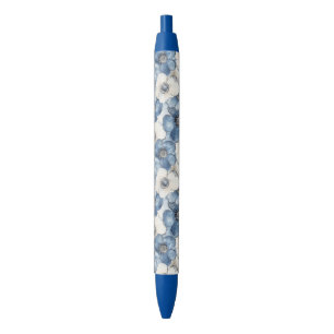 Blue White Denim Floral  Black Ink Pen