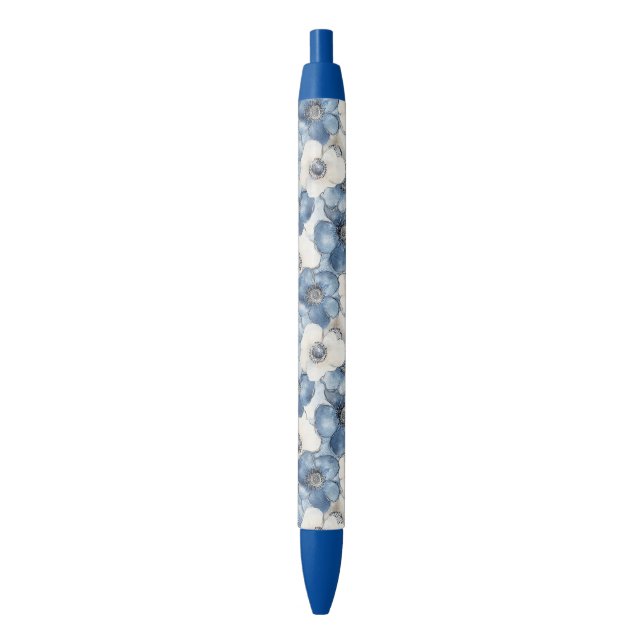 Blue White Denim Floral  Black Ink Pen (Front Vertical)