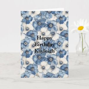 Blue White Denim Flowers Birthday Card