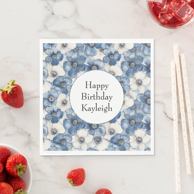 Blue White Denim Flowers Birthday Napkin (Insitu)