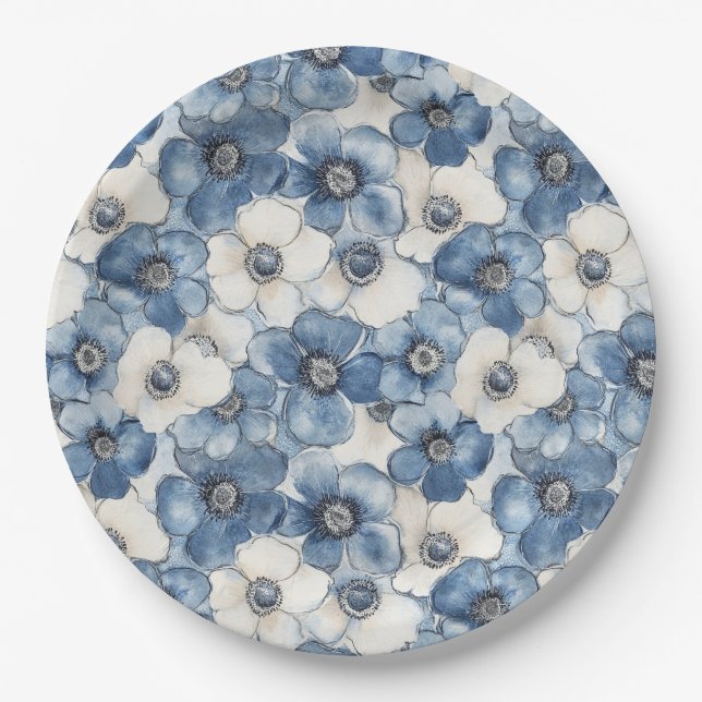 Blue White Denim Flowers Birthday Paper Plate (Front)