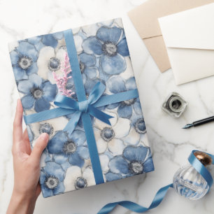 Blue White Denim Flowers Birthday Wrapping Paper
