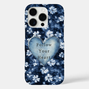 Blue White Denim Flowers Heart iPhone 16 Pro Case