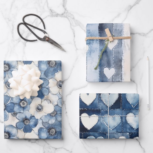 Blue White Denim Flowers Hearts Birthday Wrapping Paper Sheet (Front)