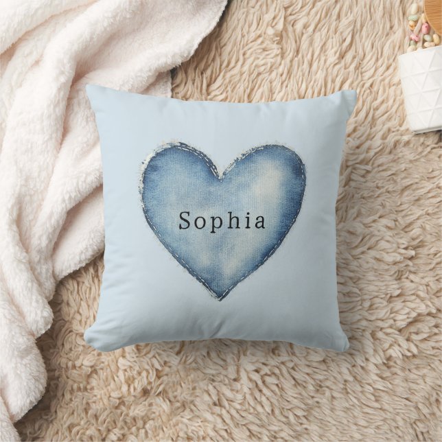 Blue White Denim Heart   Cushion (Blanket)
