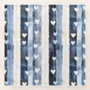 Blue White Denim Heart Stripes Birthday Glass Coaster