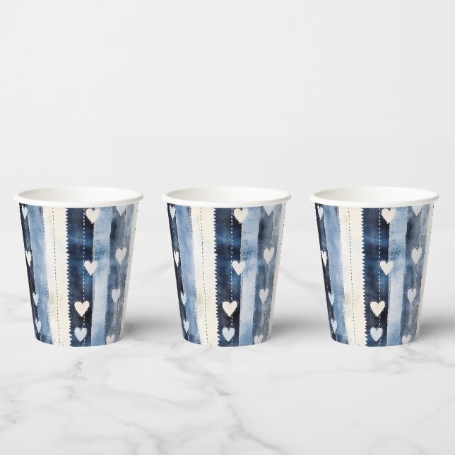 Blue White Denim Heart Stripes Birthday Paper Cups (Multi)