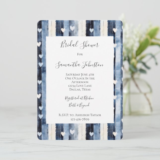 Blue White Denim Heart Stripes Bridal Shower Invitation (Standing Front)