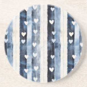 Blue White Denim Heart Stripes Coaster